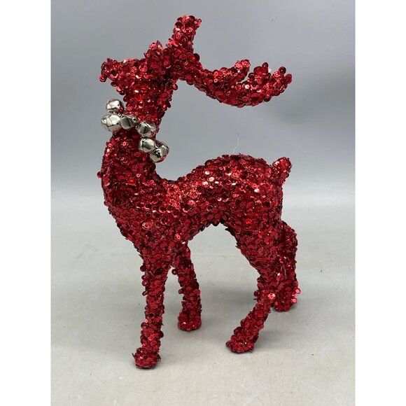 Christmas Red Sequin Standing reindeer Tabletop Decor bells collar 12" READ - Picture 4 of 6